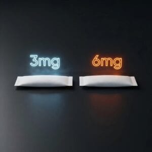 Comparison of 3mg and 6mg nicotine pouch strengths, featuring glowing neon numbers over white pouches.