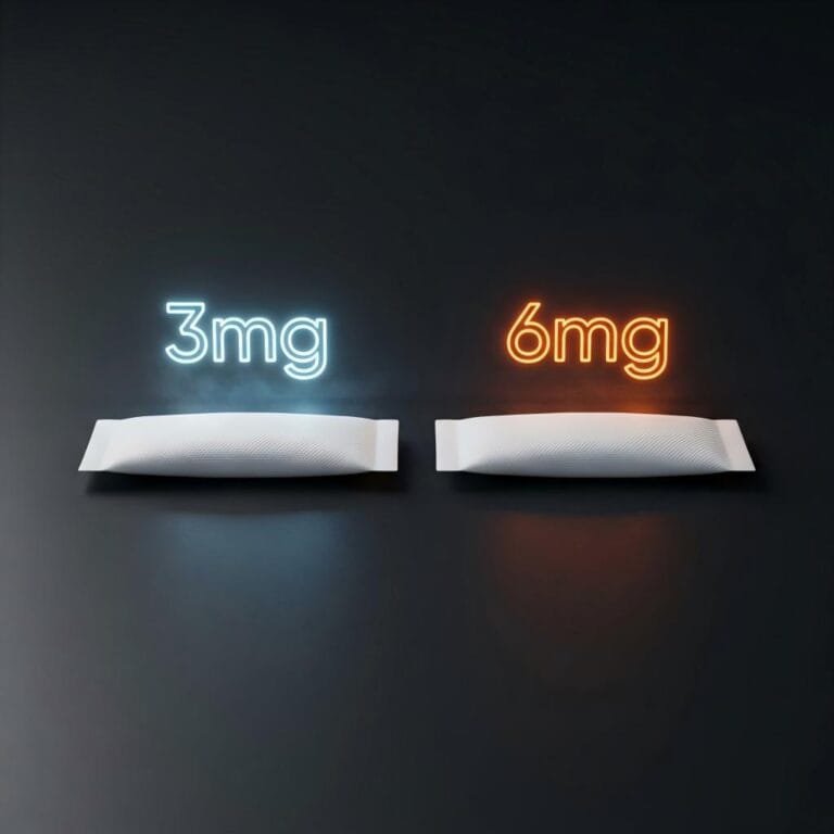 Comparison of 3mg and 6mg nicotine pouch strengths, featuring glowing neon numbers over white pouches.