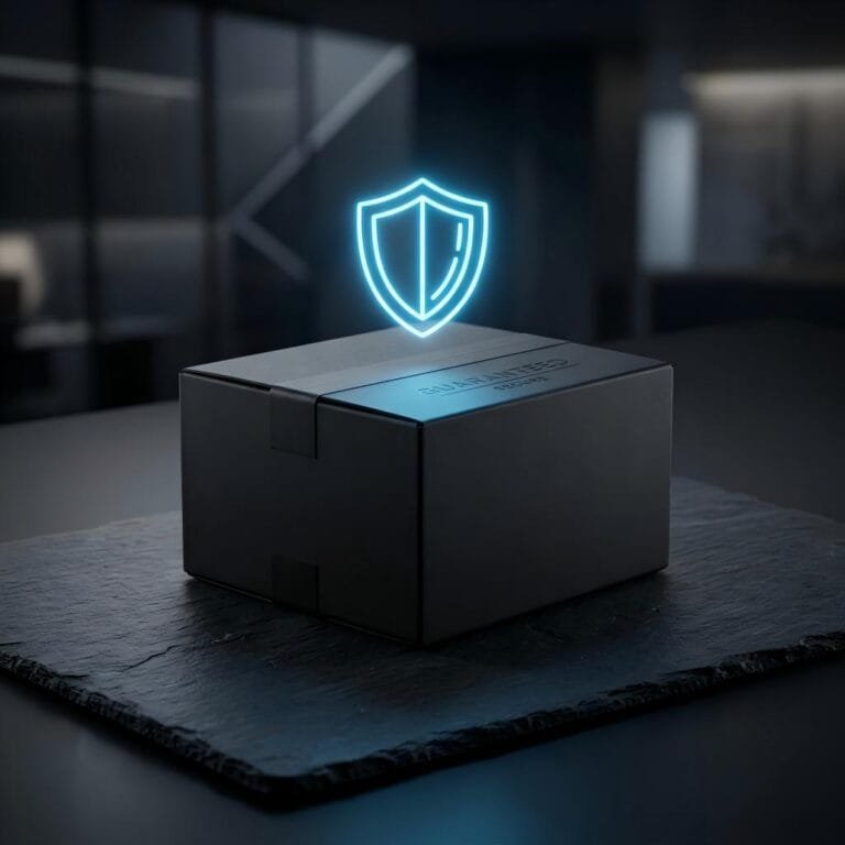 Premium black shipping box with a neon blue shield icon representing Novakick's secure and fast delivery promise.