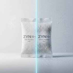 Conceptual image comparing dry US ZYN pouch vs moist EU ZYN pouch, split down the middle by a neon line.