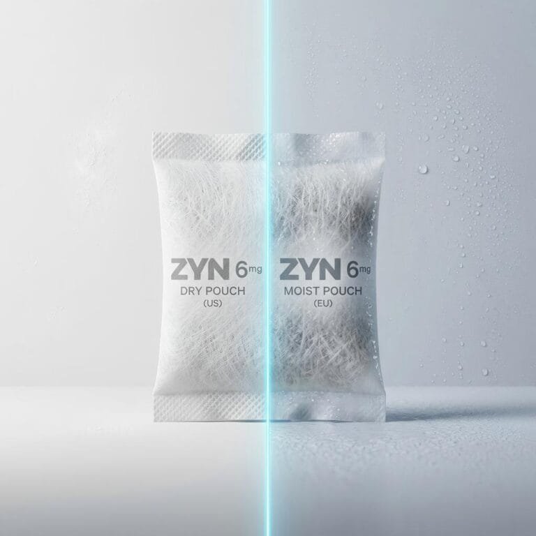 Conceptual image comparing dry US ZYN pouch vs moist EU ZYN pouch, split down the middle by a neon line.